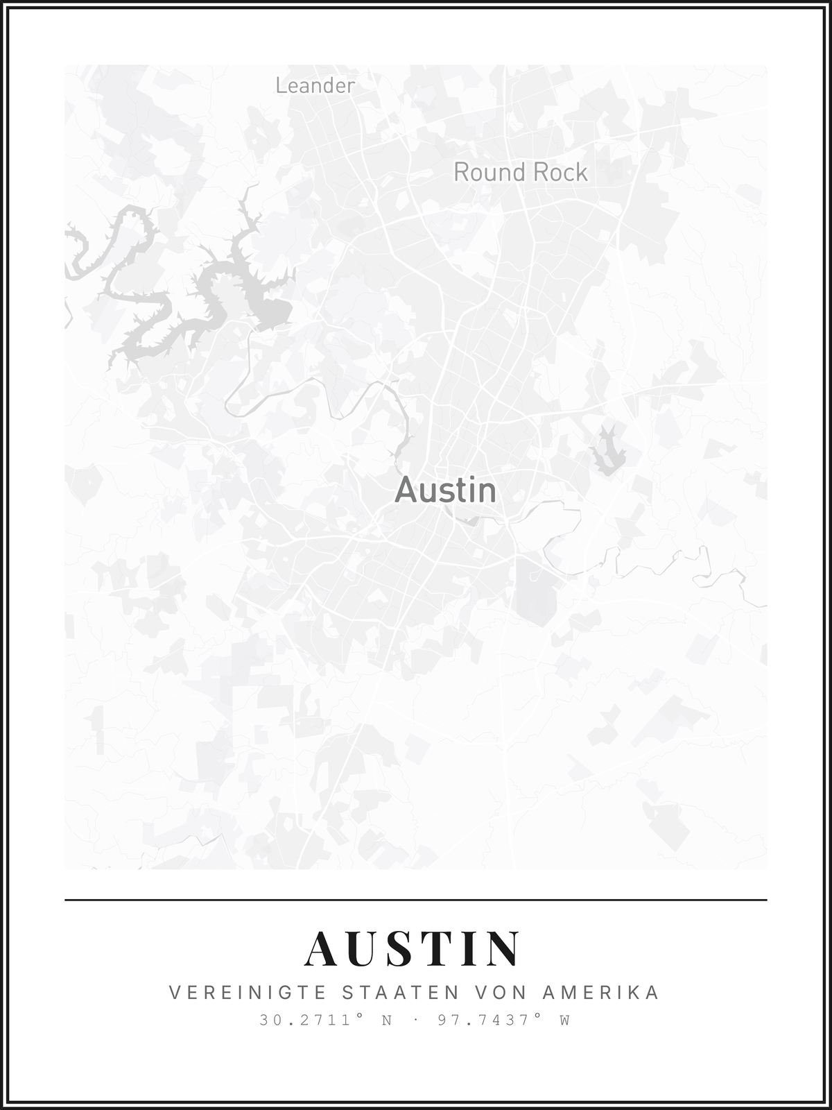 Austin map poster, light style with black frame