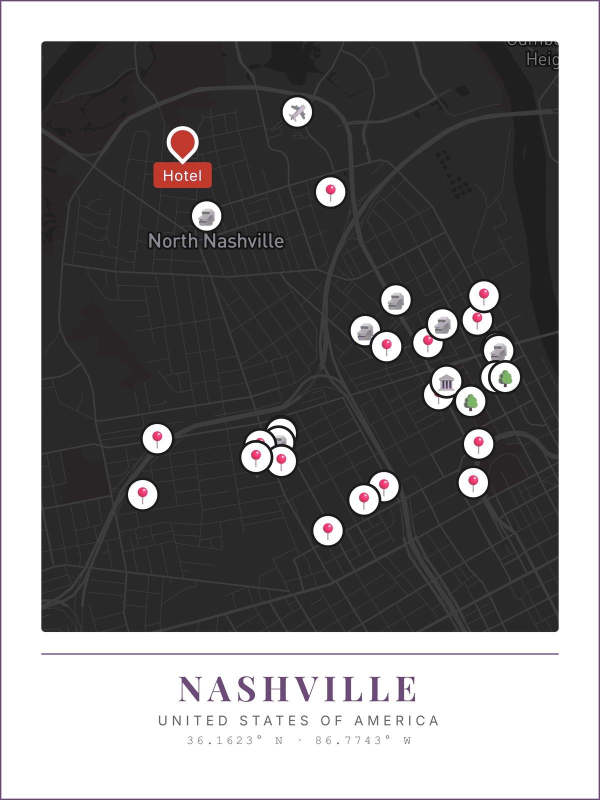 Nashville map poster, dark style with landmarks and hotel pin