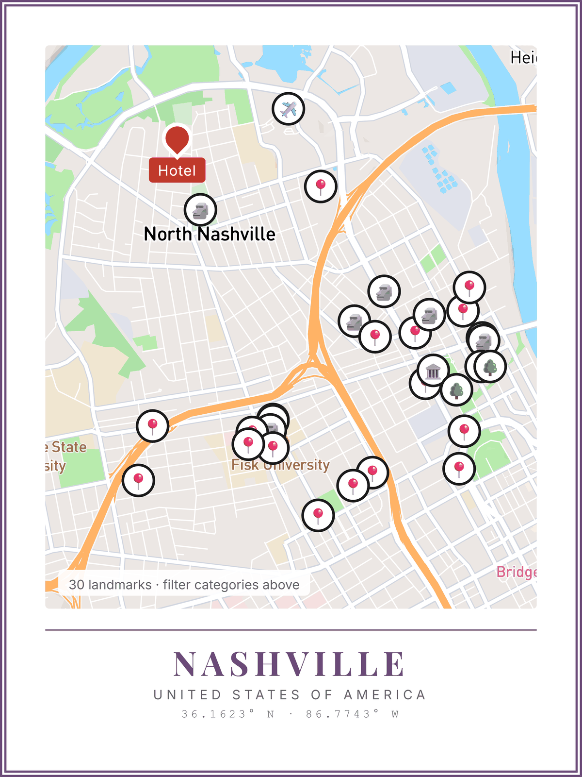 Nashville map poster, light style with landmarks and hotel pin