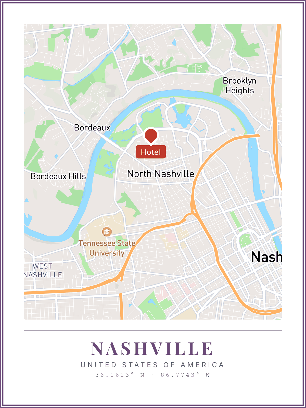 Nashville map poster, city overview with river and hotel pin