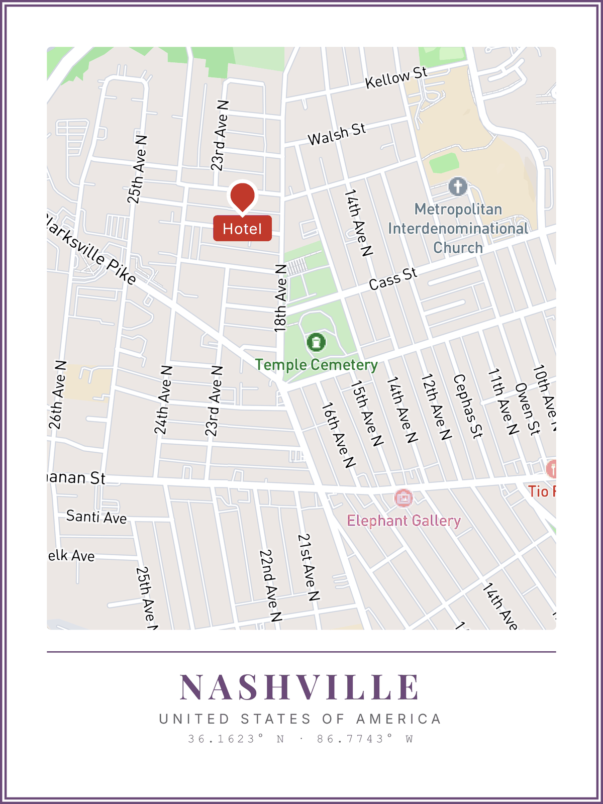 Nashville map poster, street-level zoom with street names
